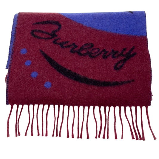 Burberry Burgundy / Blue Fringed Cashmere Scarf