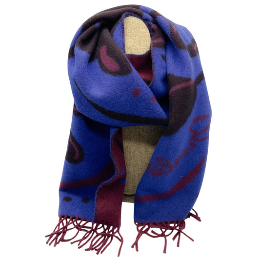 Burberry Burgundy / Blue Fringed Cashmere Scarf