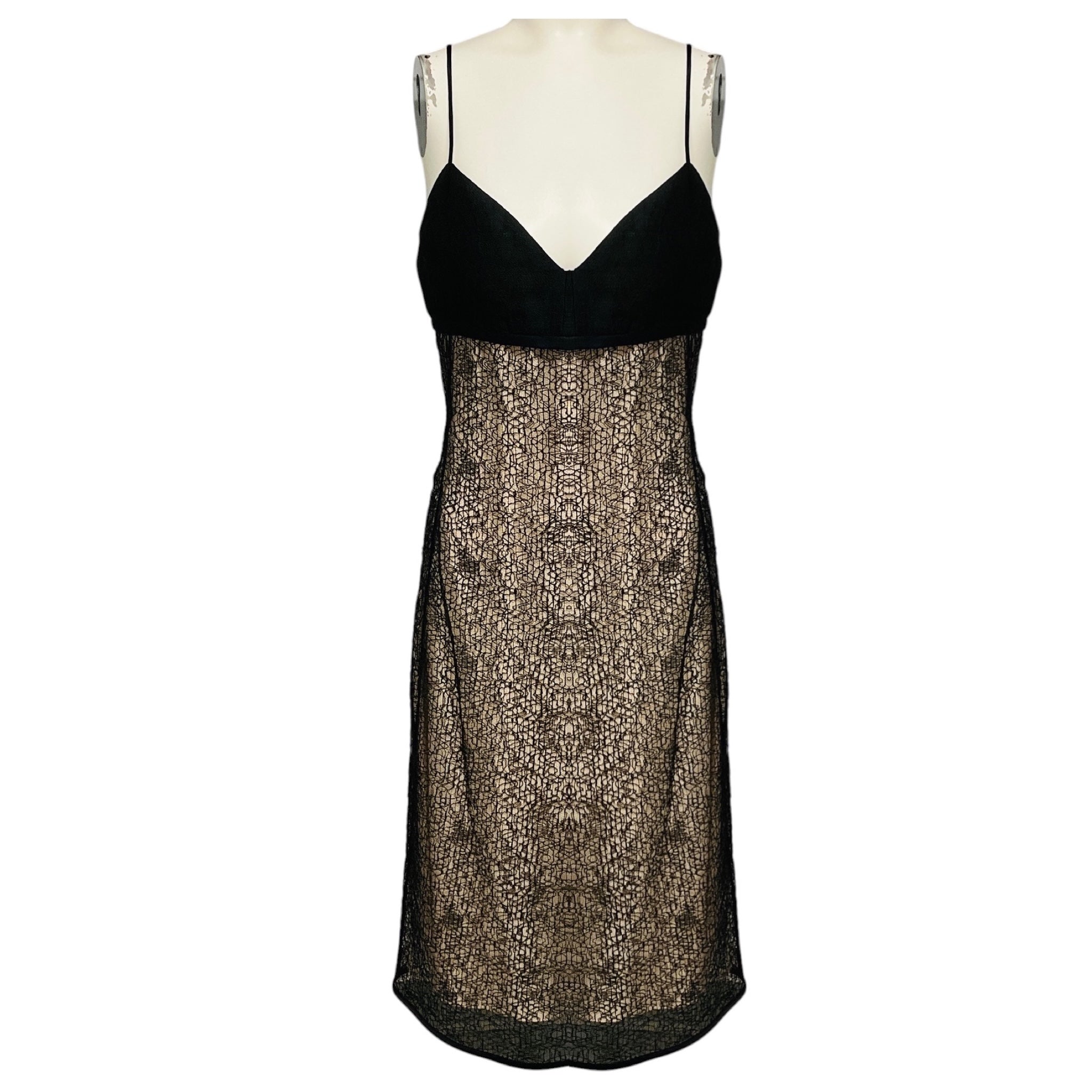 Narciso Rodriguez Black / Nude Lace Overlay Sleeveless Midi Cocktail Dress