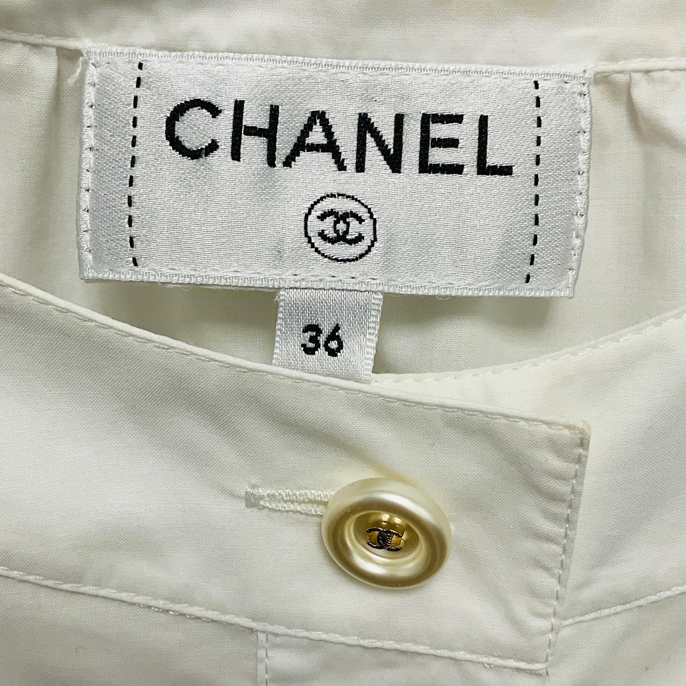 Chanel White CC Logo Pearl Button Cotton Blouse