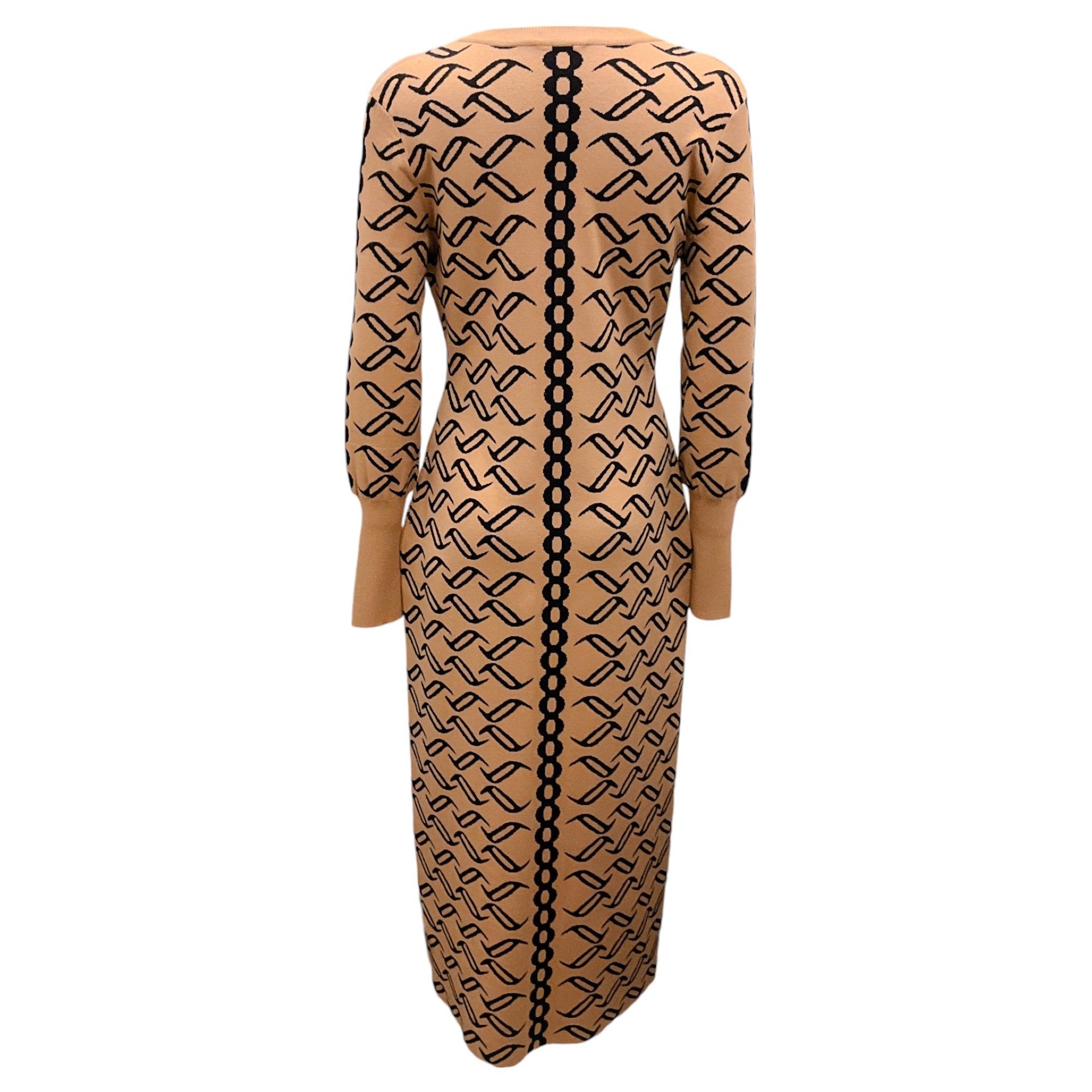 Temperley London Tan / Black Printed Long Sleeved Knit Midi Dress