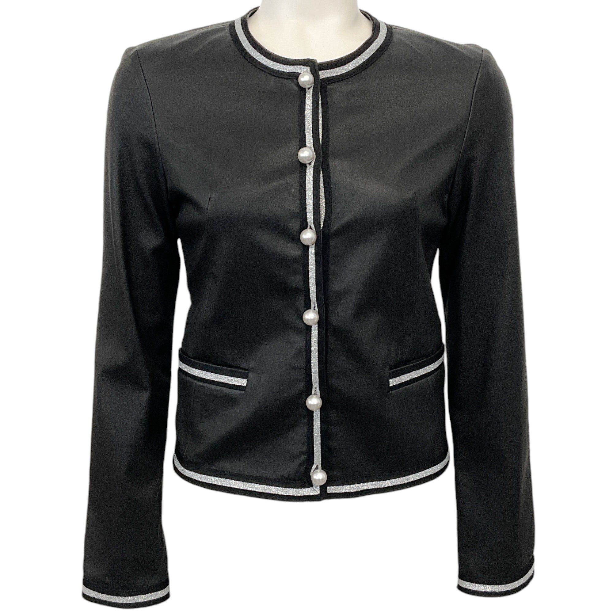 Susan Bender Black Leather Jacket with Pearl Buttons and Silver Trim
