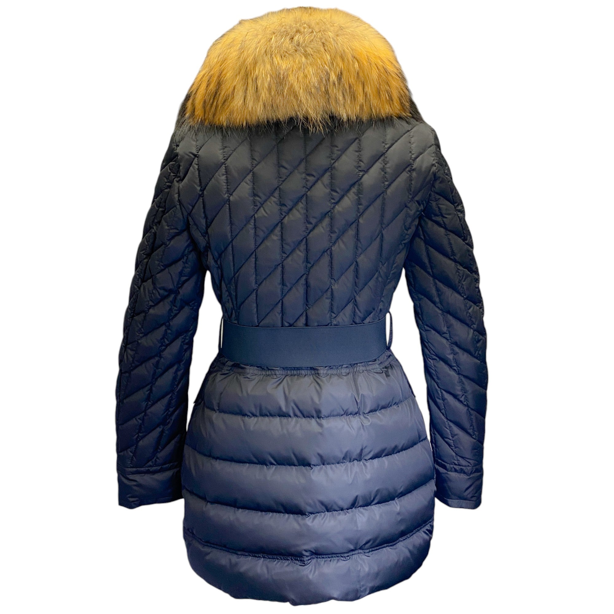 Moncler Black Down Belted Puffer Coat with Fur Collar