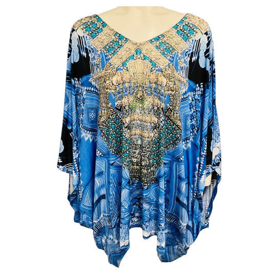 Camilla Blue Multi Rhinestone Embellished Jersey Stretch Cover Up Top