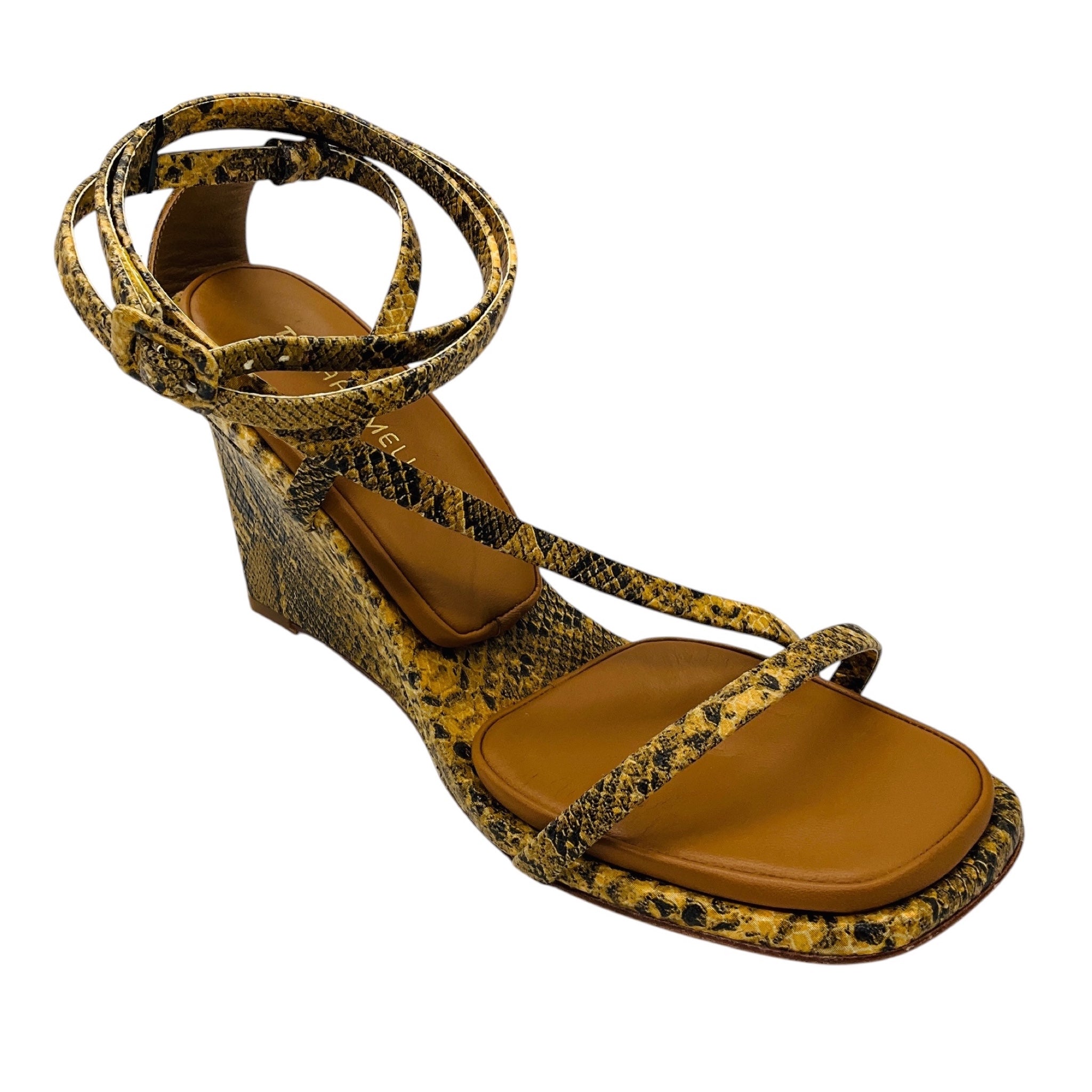 Tamara Mellon Tan Multi Snake Print Ankle Wrap Wedge Sandals
