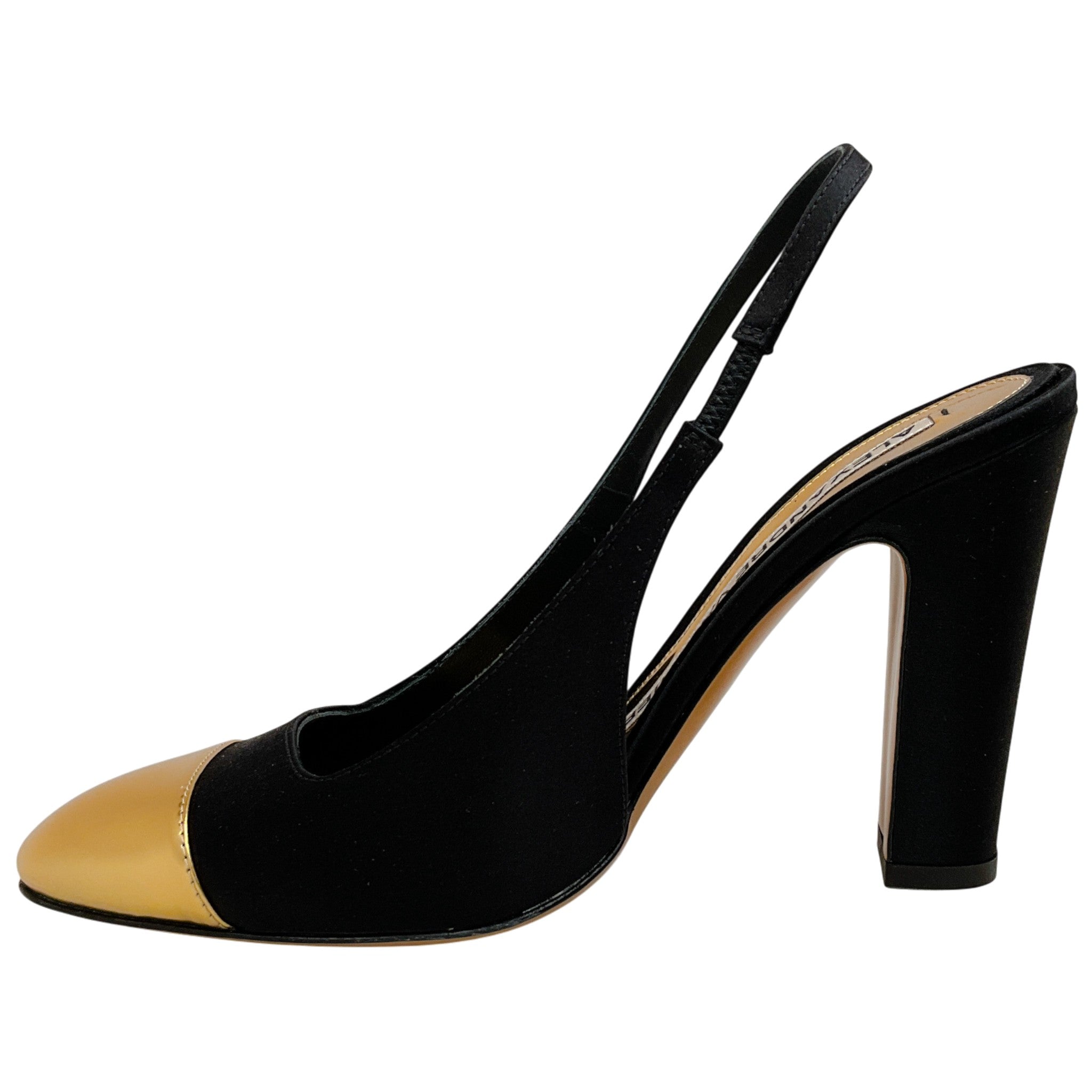 Alexandre Vauthier Black Satin Slingback Pumps with Gold Cap Toe