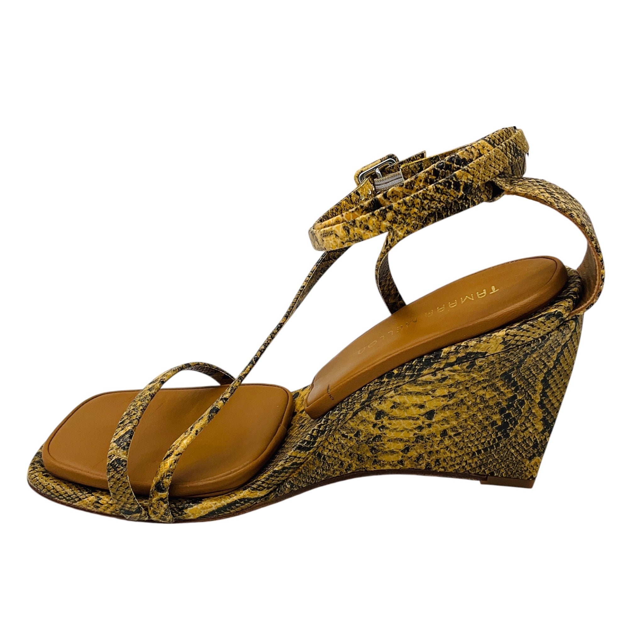 Tamara Mellon Tan Multi Snake Print Ankle Wrap Wedge Sandals