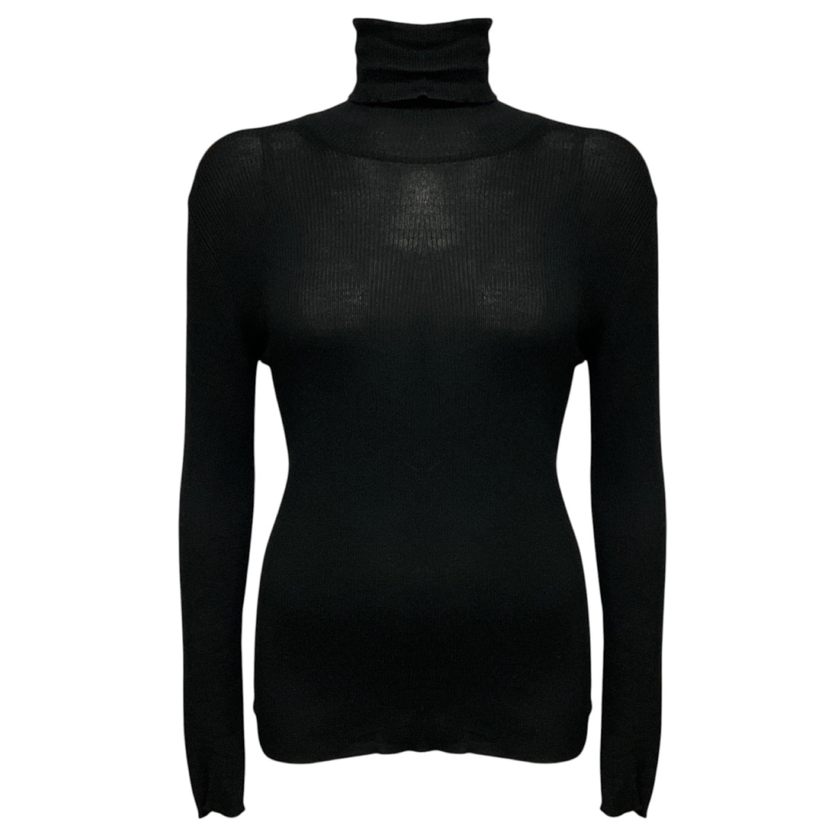 Chanel Black Long Sleeved Ribbed Knit Cashmere and Silk Turtleneck Sweater