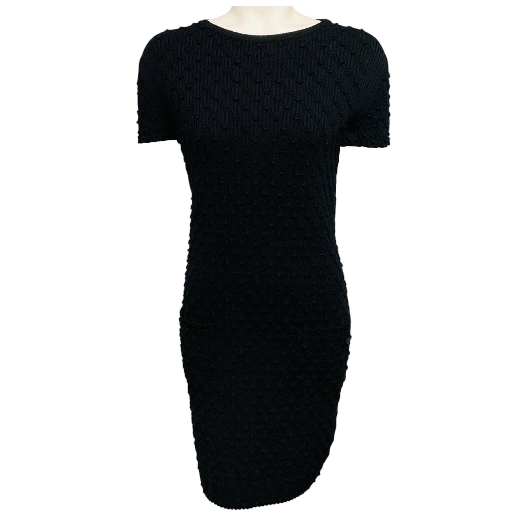 Chanel Black 2018 Textured Cotton Pique Knit Short Sleeved Dress with CC Logo Plaque