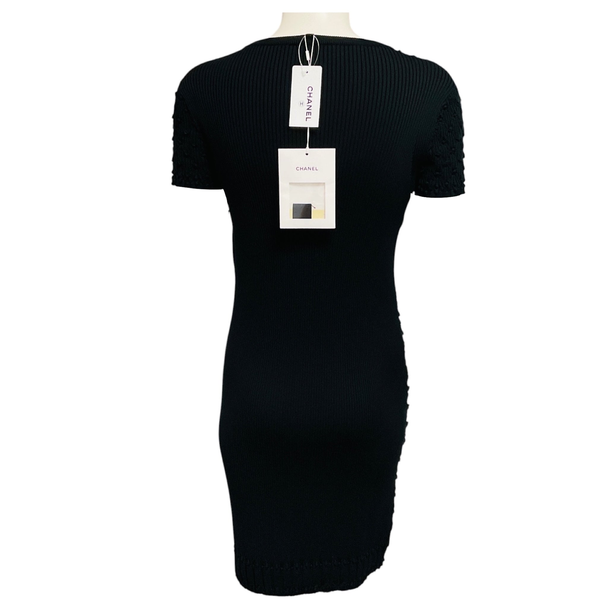 Chanel Black 2018 Textured Cotton Pique Knit Short Sleeved Dress with CC Logo Plaque