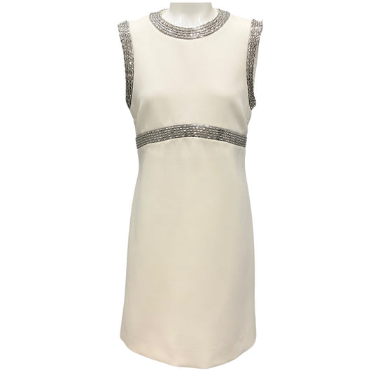 Celine Ivory / Silver Bead Embellished Sleeveless Wool Shift Dress