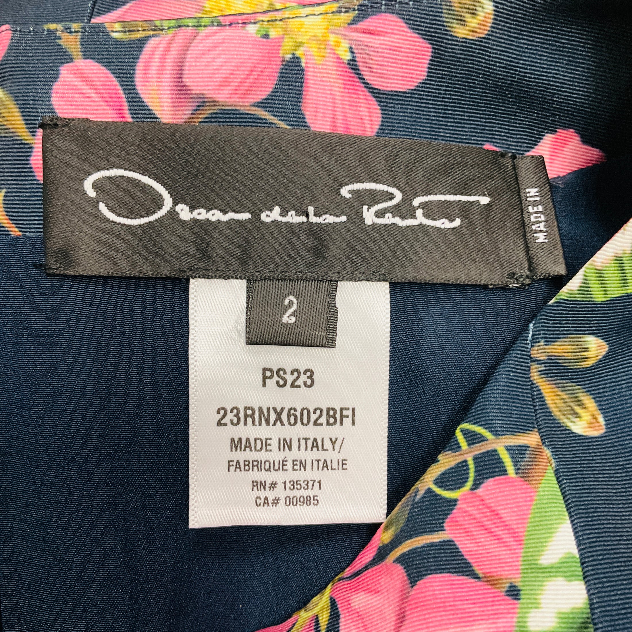 Oscar de la Renta Navy Multi Floral Printed Flared Dress