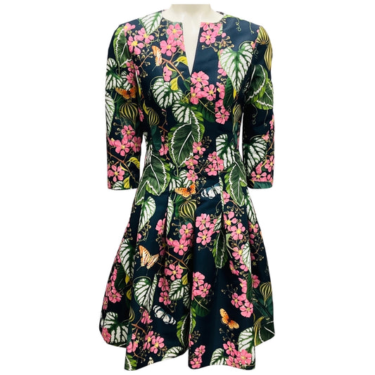 Oscar de la Renta Navy Multi Floral Printed Flared Dress