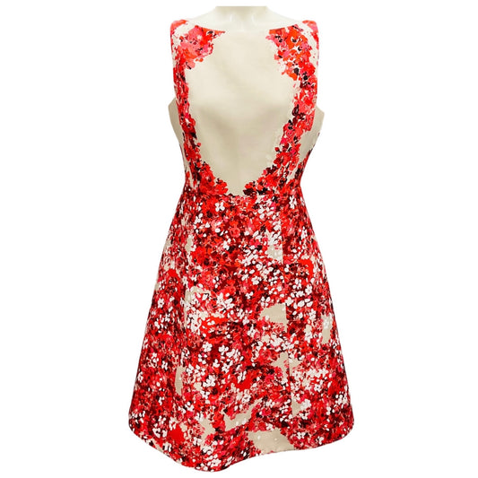 Giambattista Valli Beige / Red Floral Printed Flared Cocktail Dress