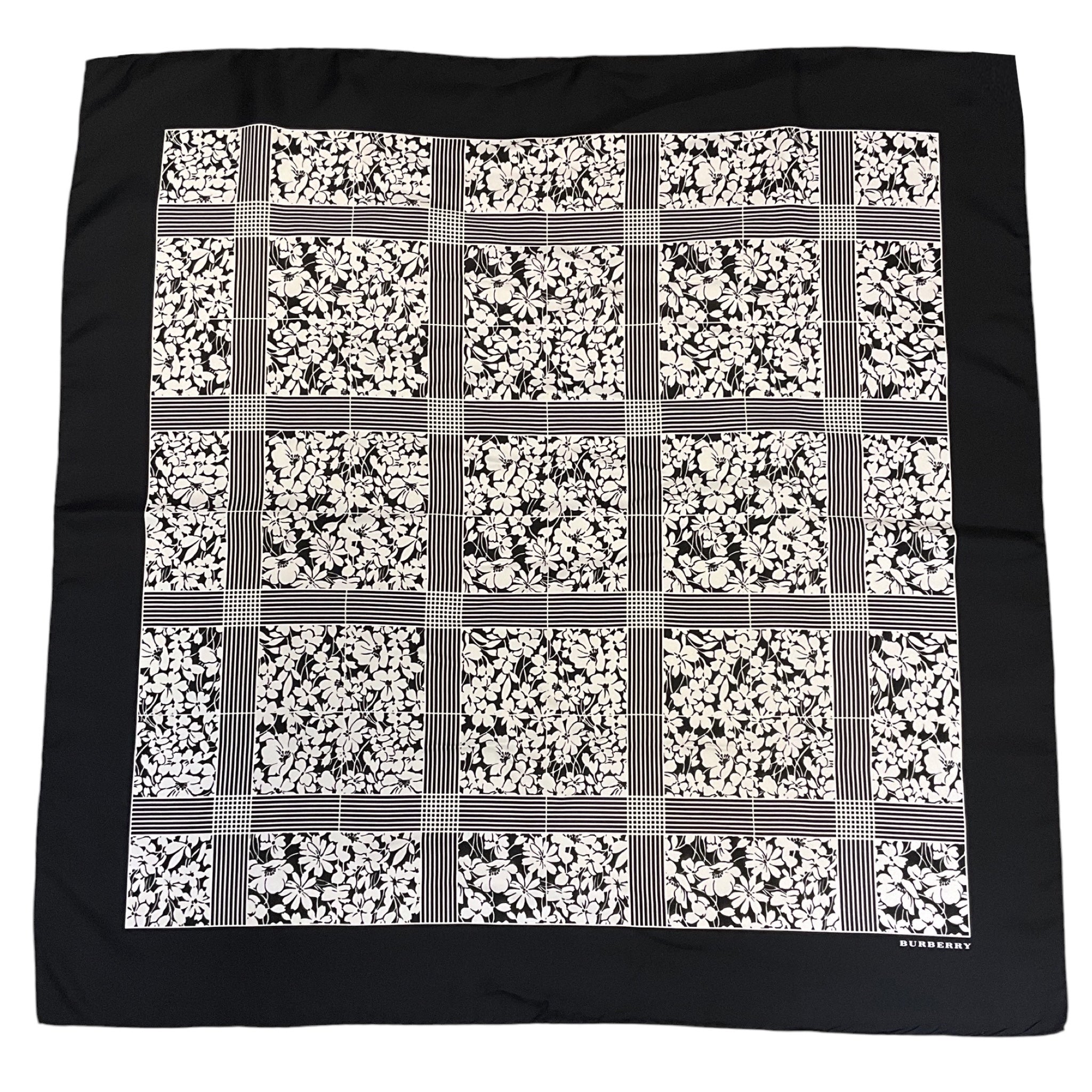 Burberry Black / White Floral Print Square Silk Twill Scarf