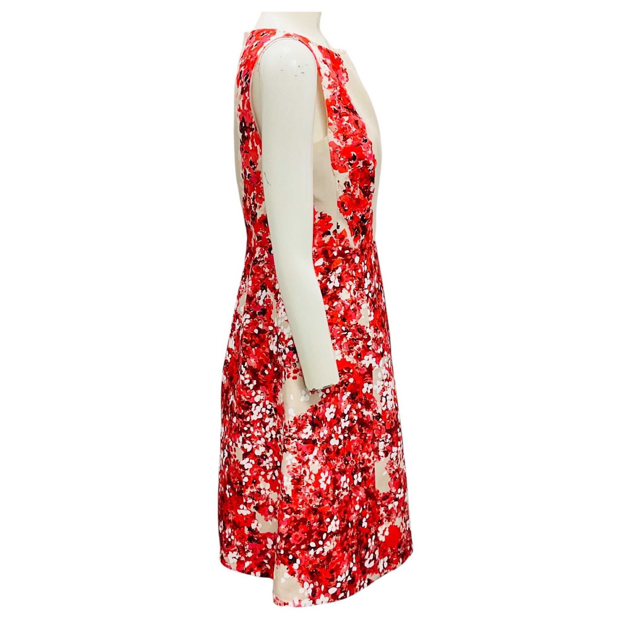 Giambattista Valli Beige / Red Floral Printed Flared Cocktail Dress