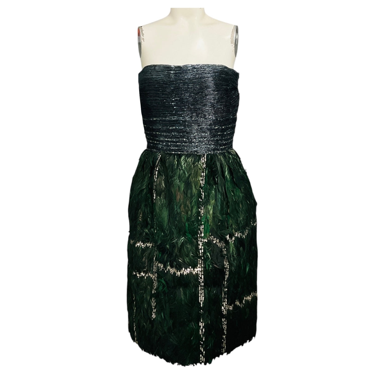 Oscar de la Renta Blue / Green / Silver Metallic Sequined Strapless Cocktail Dress with Feathers