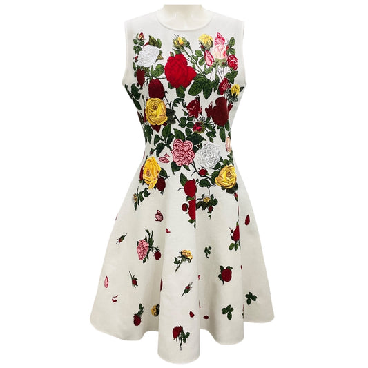 Oscar de la Renta Ivory Multi Degrade Rose Jacquard Fit and Flare Dress