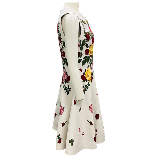 Oscar de la Renta Ivory Multi Degrade Rose Jacquard Fit and Flare Dress