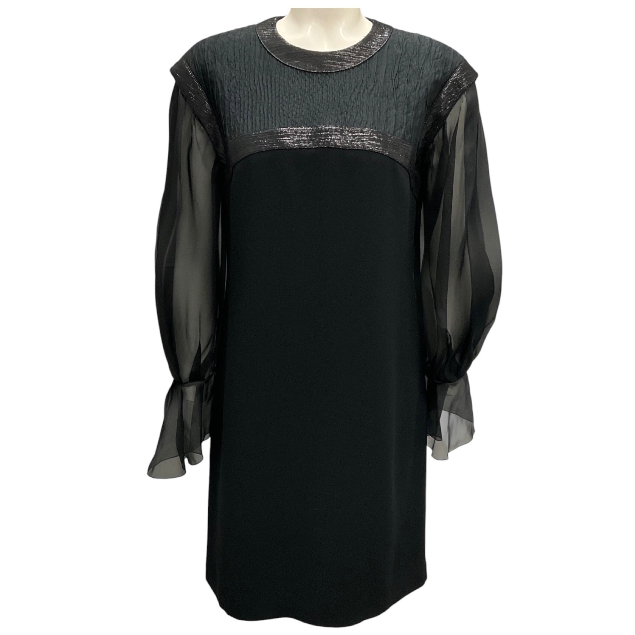 Paule Ka Black Long Sleeved Crepe and Chiffon Dress
