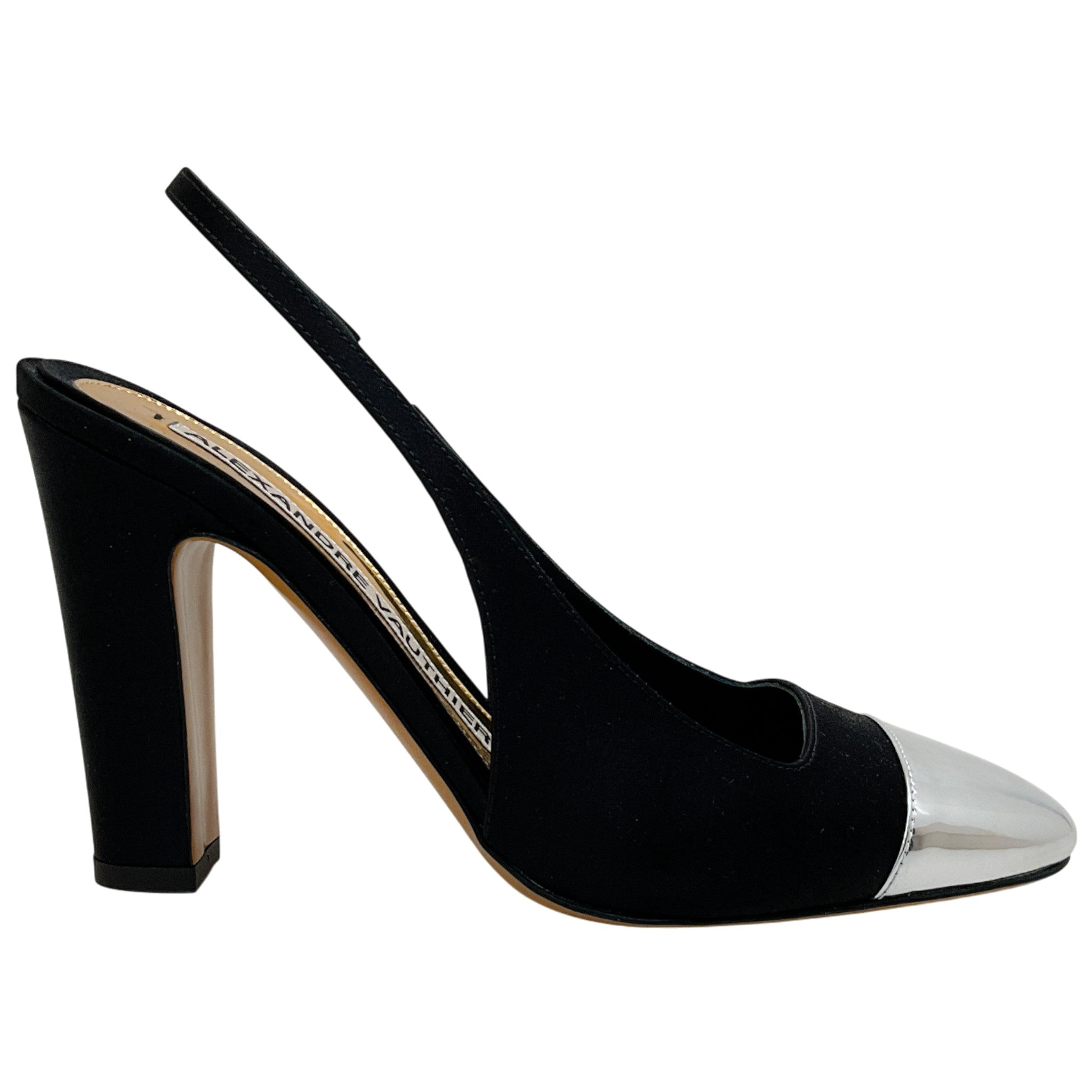 Alexandre Vauthier Black Satin Slingback Pumps with Silver Cap Toe