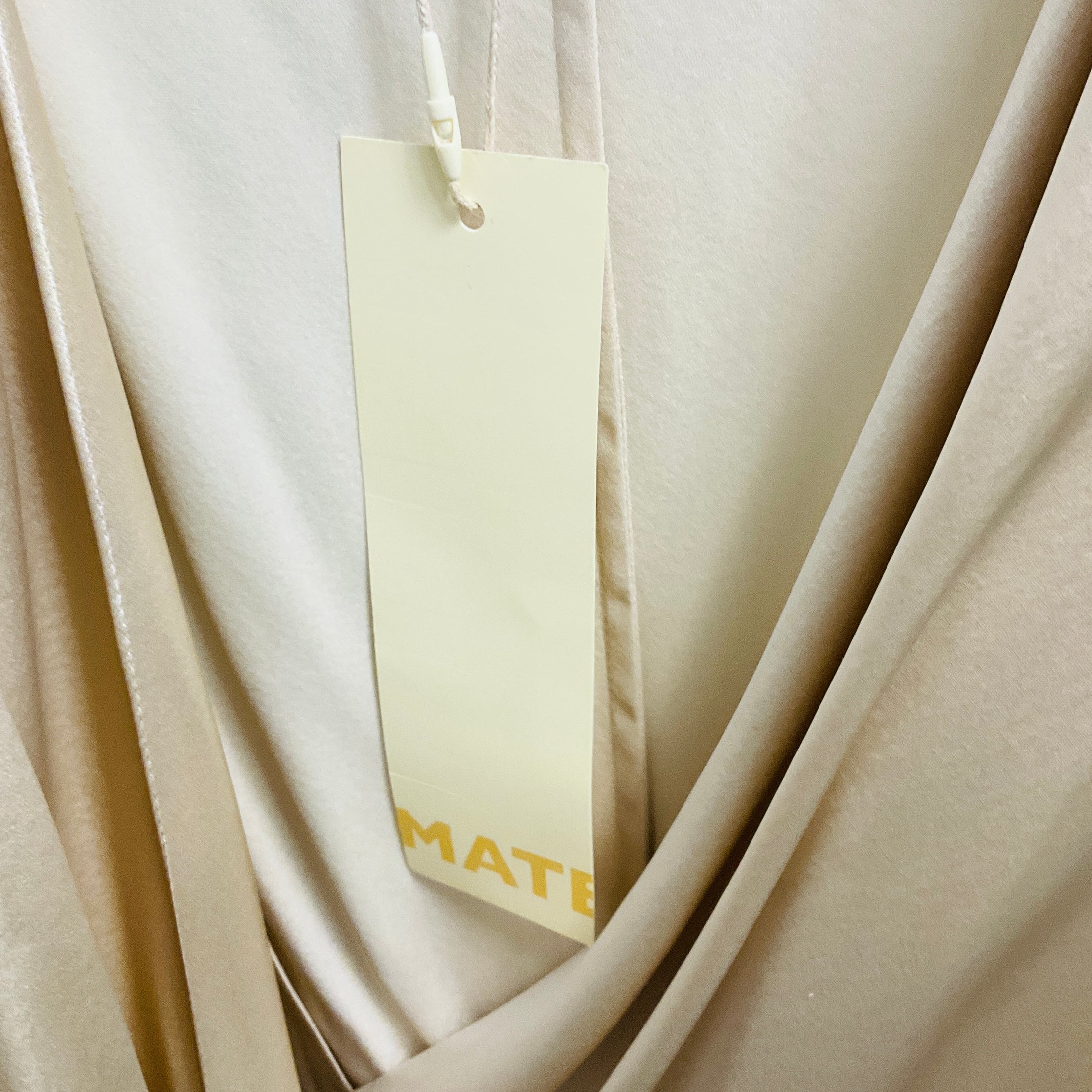 Matériel Tbilisi Champagne Metallic Structured Long Sleeved Silk Wrap Midi Dress with Shoulder Pads