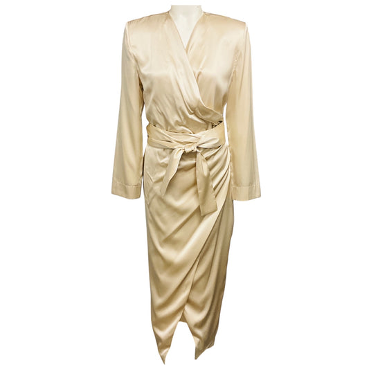 Matériel Tbilisi Champagne Metallic Structured Long Sleeved Silk Wrap Midi Dress with Shoulder Pads