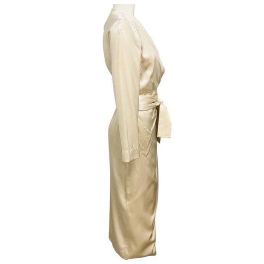 Matériel Tbilisi Champagne Metallic Structured Long Sleeved Silk Wrap Midi Dress with Shoulder Pads
