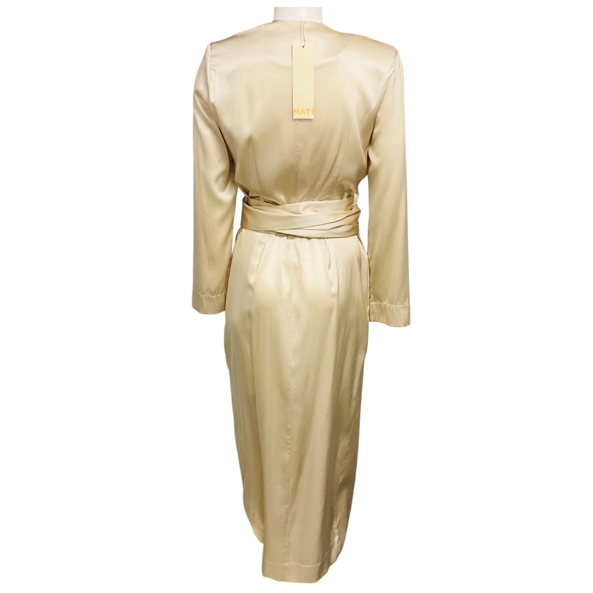 Matériel Tbilisi Champagne Metallic Structured Long Sleeved Silk Wrap Midi Dress with Shoulder Pads