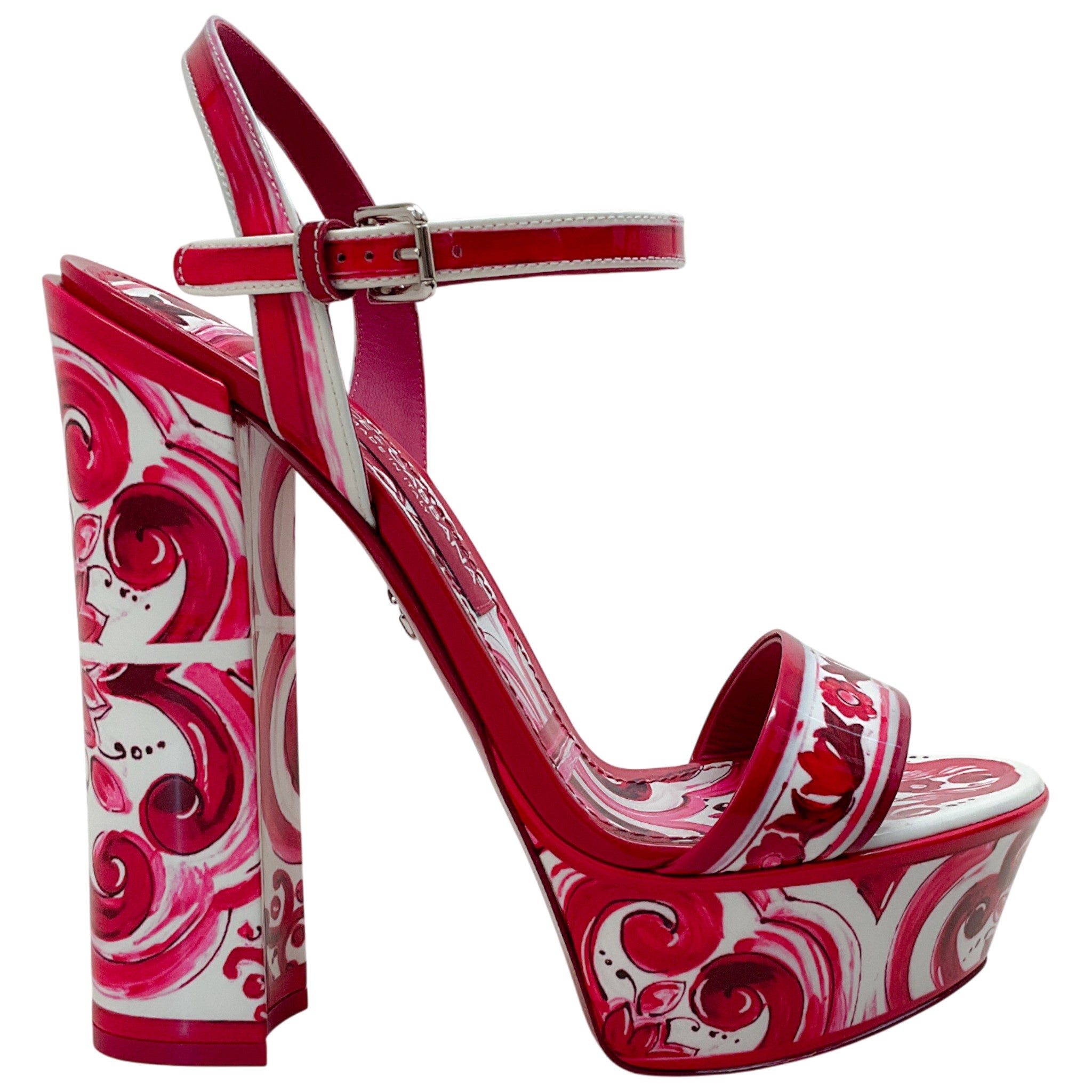 Dolce & Gabbana Fuchsia / White Patent Leather Tile Print Platform Sandals