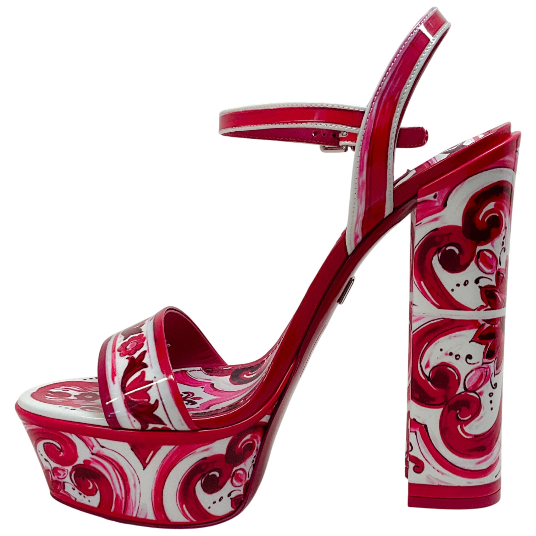Dolce & Gabbana Fuchsia / White Patent Leather Tile Print Platform Sandals