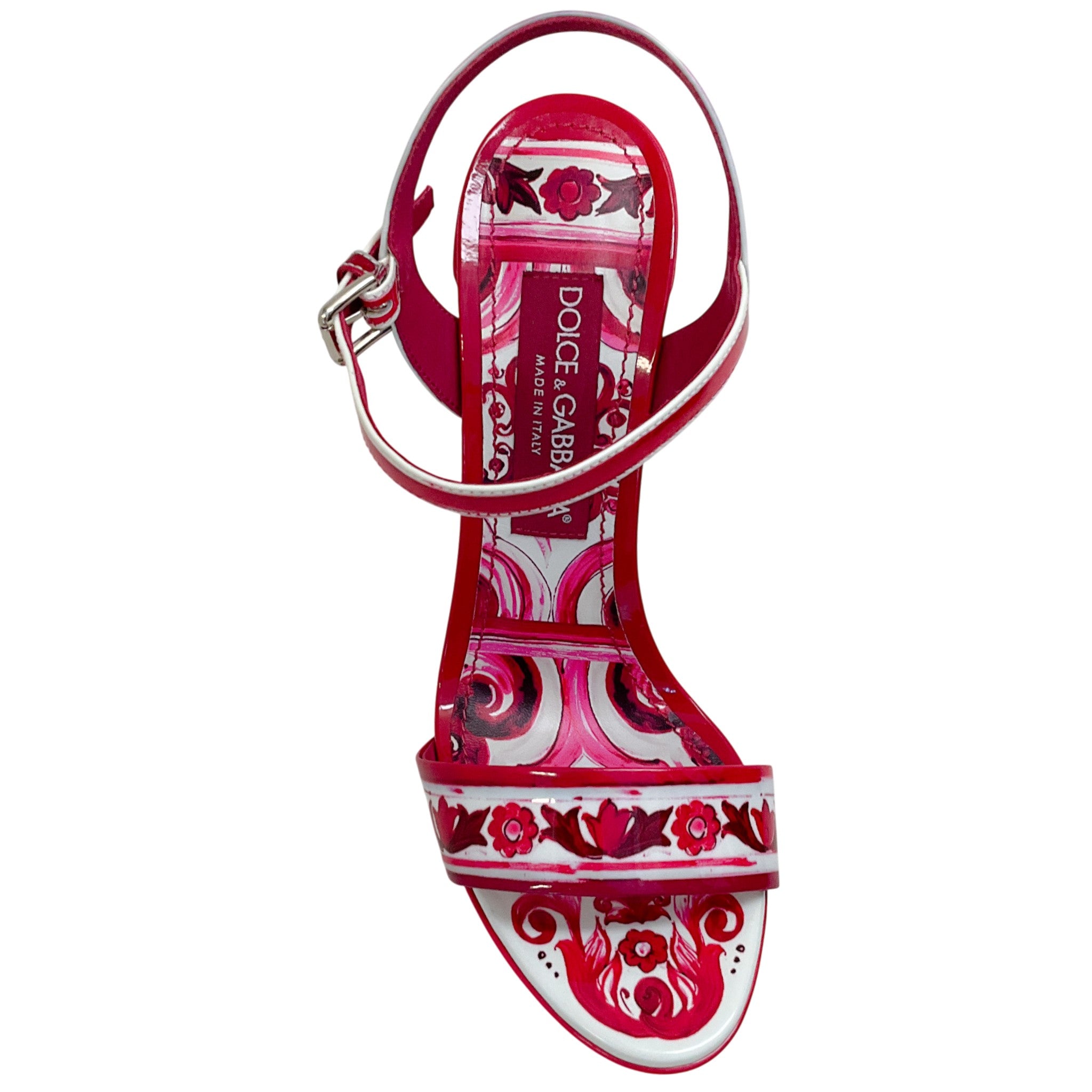 Dolce & Gabbana Fuchsia / White Patent Leather Tile Print Platform Sandals