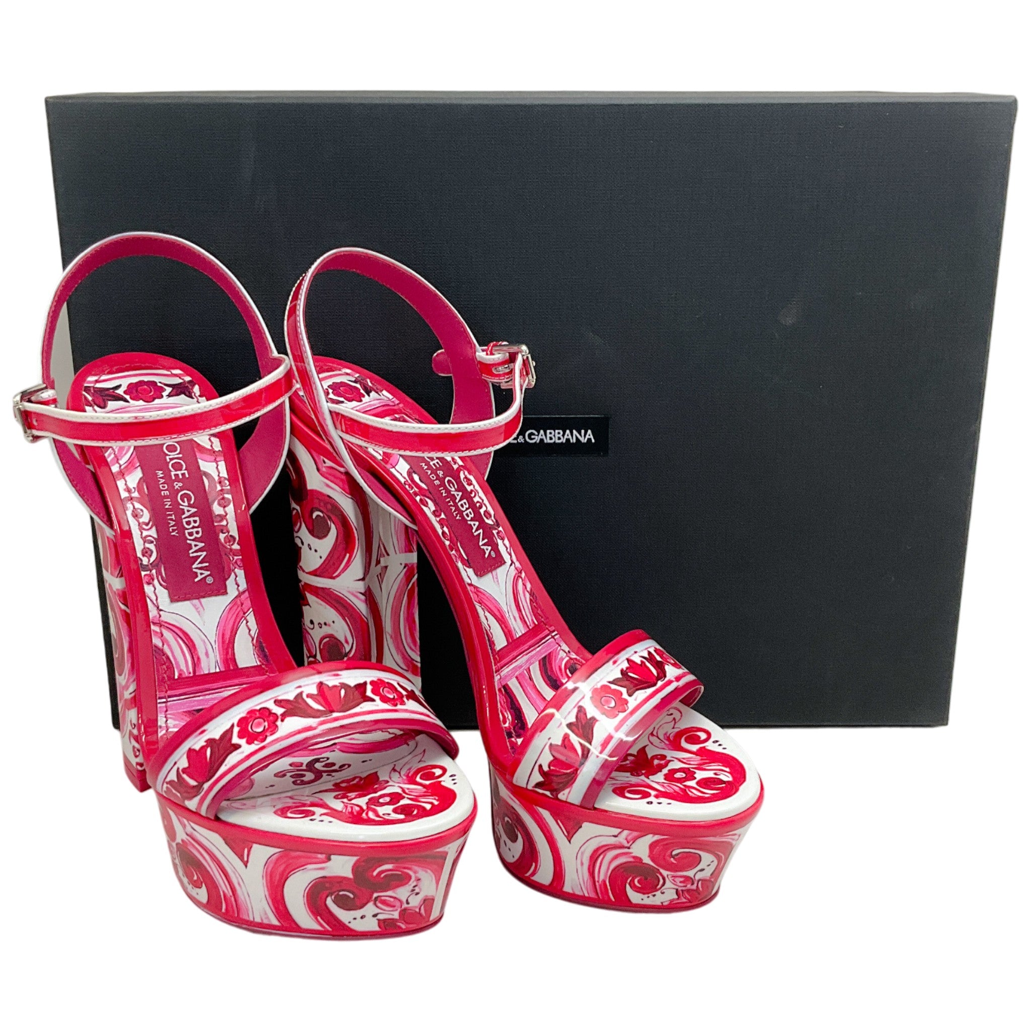 Dolce & Gabbana Fuchsia / White Patent Leather Tile Print Platform Sandals