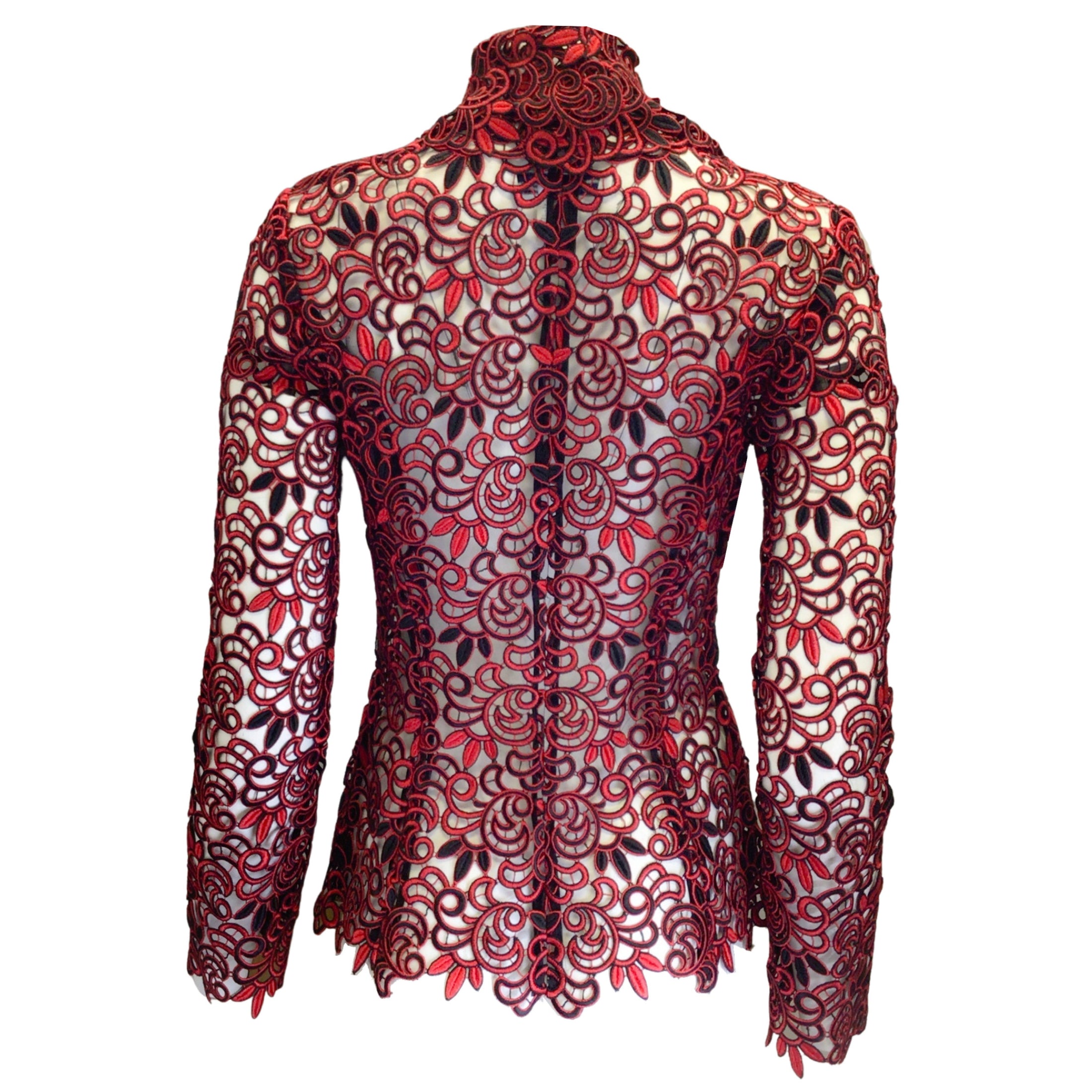 Oscar de la Renta Red / Black Runway 2014 Embroidered Lace Jacket