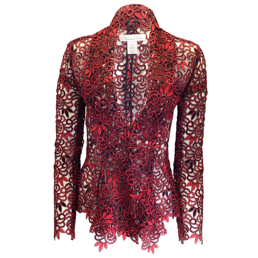 Oscar de la Renta Red / Black Runway 2014 Embroidered Lace Jacket