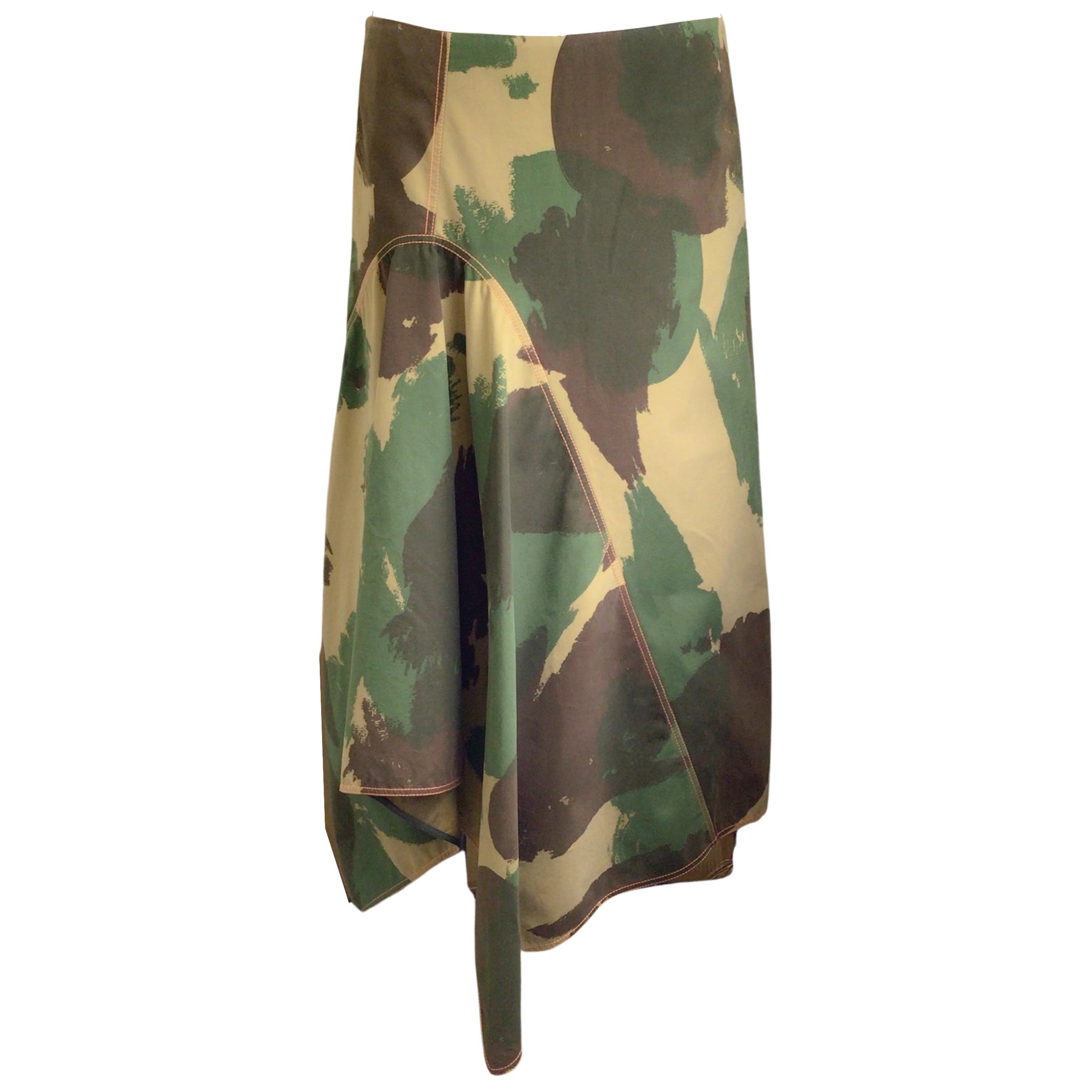 Victoria Beckham Green Multi Camo Print Asymmetrical Hem Cotton Midi Skirt