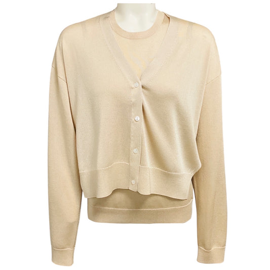 Theory Ecru Airy Sheen Sheer Knit Tank Top and V-Neck Cardigan Sweater Set