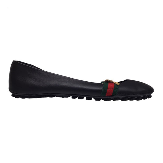 Gucci Black Bee Embroidered Web Stripe Calfskin Leather Bayadere Ballet Flats