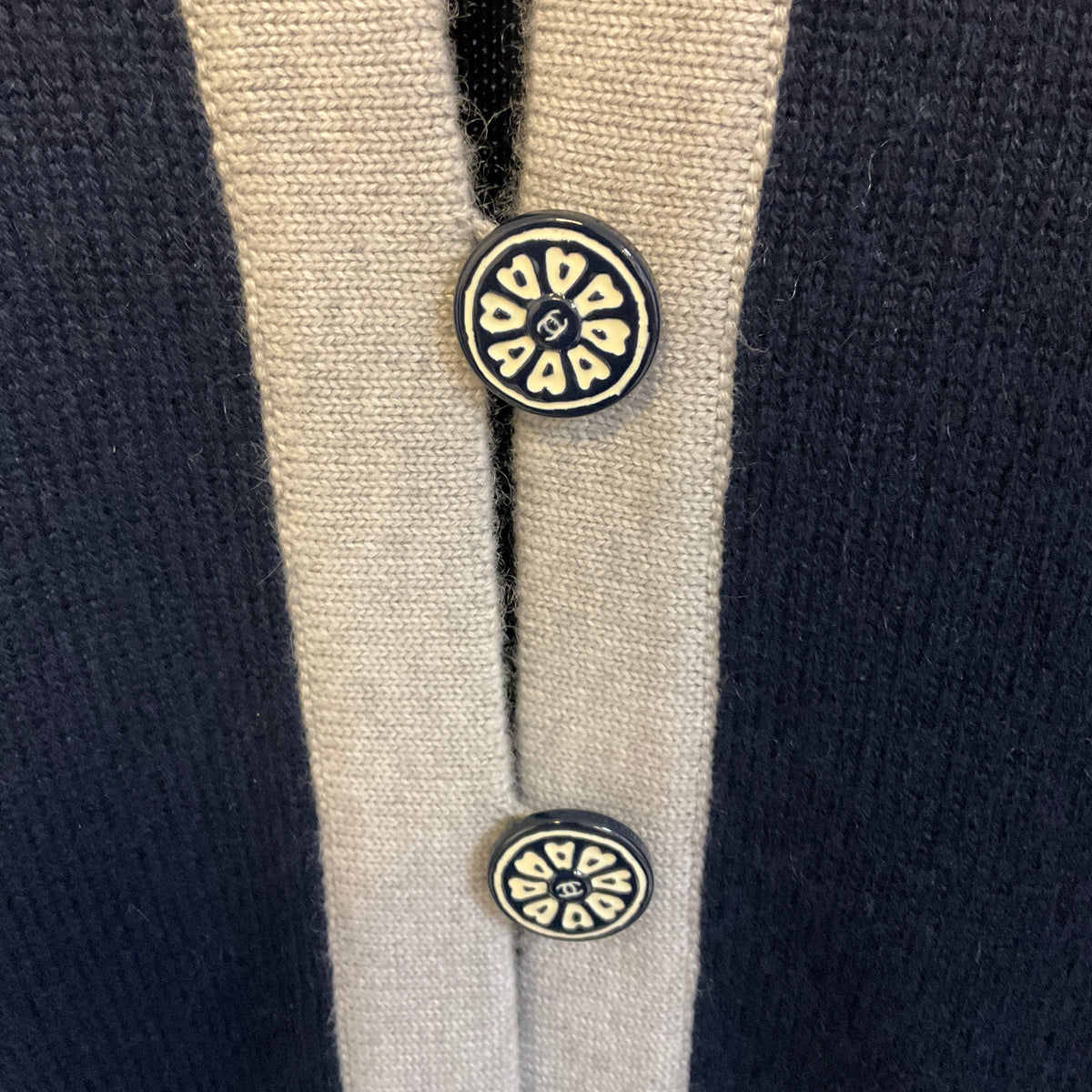 Chanel Navy Blue / Grey 2016 Chanel Airlines Collection Cashmere Knit Sweater with CC Logo Buttons