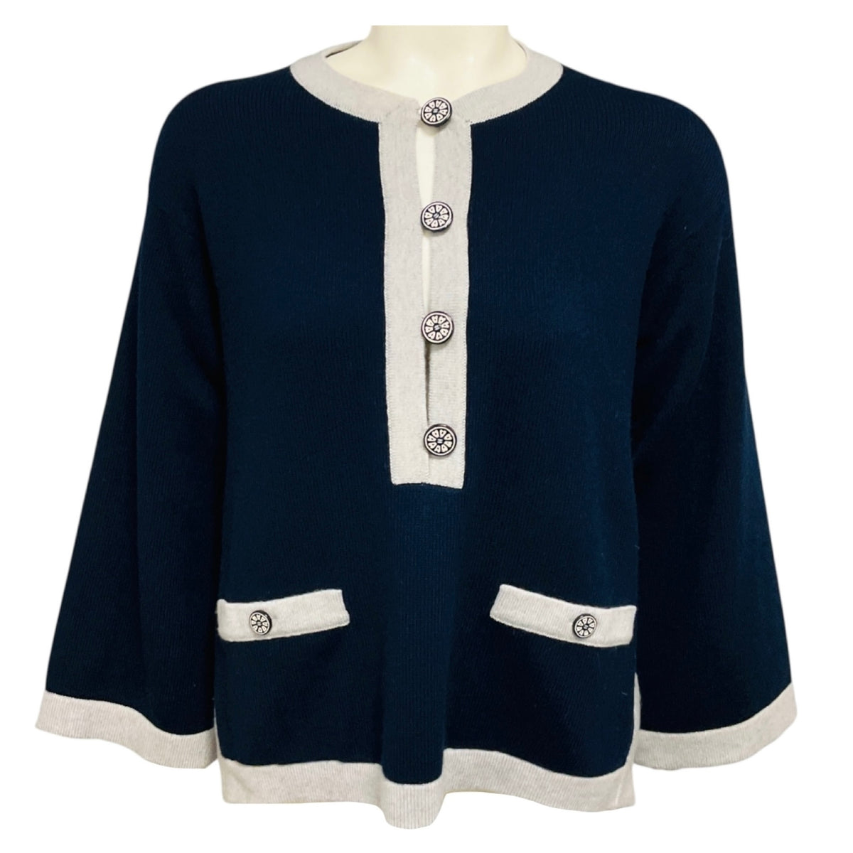 Chanel Navy Blue / Grey 2016 Chanel Airlines Collection Cashmere Knit Sweater with CC Logo Buttons