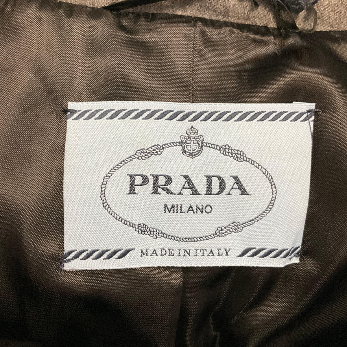 Prada Ardesia Grey Single Breasted Padded Caban Jacket with Calfskin Leather Logo Plaque Belt