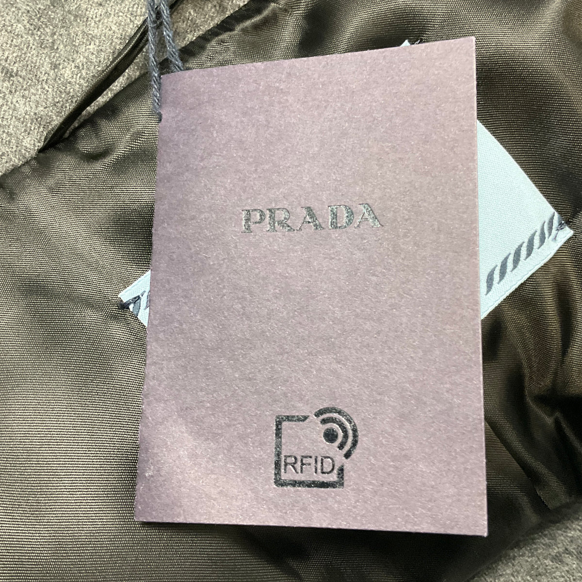 Prada Ardesia Grey Single Breasted Padded Caban Jacket with Calfskin Leather Logo Plaque Belt