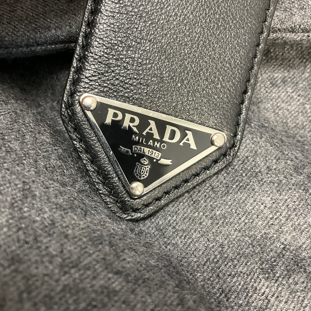 Prada Ardesia Grey Single Breasted Padded Caban Jacket with Calfskin Leather Logo Plaque Belt