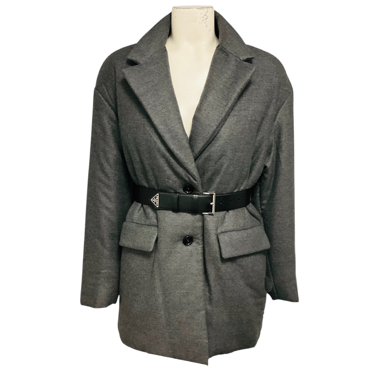 Prada Ardesia Grey Single Breasted Padded Caban Jacket with Calfskin Leather Logo Plaque Belt
