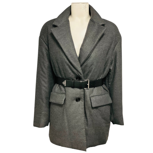 Prada Ardesia Grey Single Breasted Padded Caban Jacket with Calfskin Leather Logo Plaque Belt