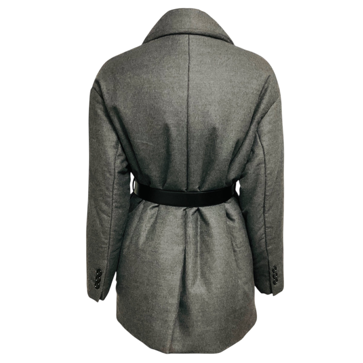 Prada Ardesia Grey Single Breasted Padded Caban Jacket with Calfskin Leather Logo Plaque Belt