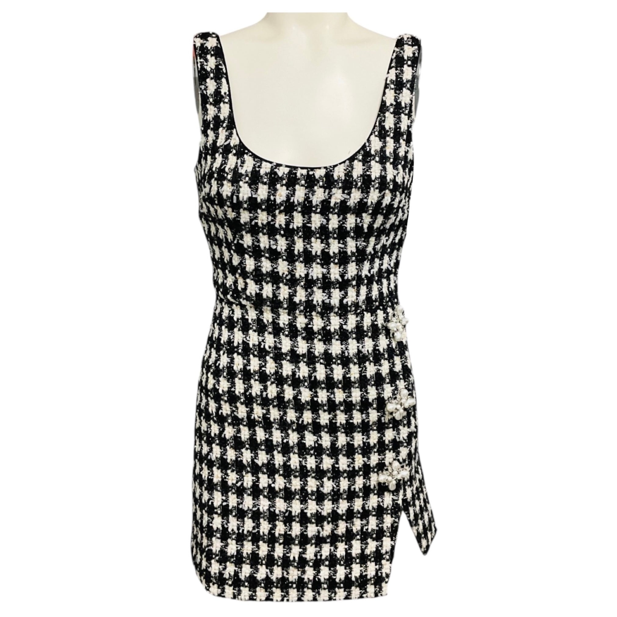 Self-Portrait Black / White Check Boucle Mini Dress