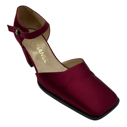 Chanel Burgundy Square Toe Satin Low Heel Pumps with CC Logo Ankle Strap
