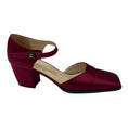 Load image into Gallery viewer, Chanel Burgundy Square Toe Satin Low Heel Pumps with CC Logo Ankle Strap
