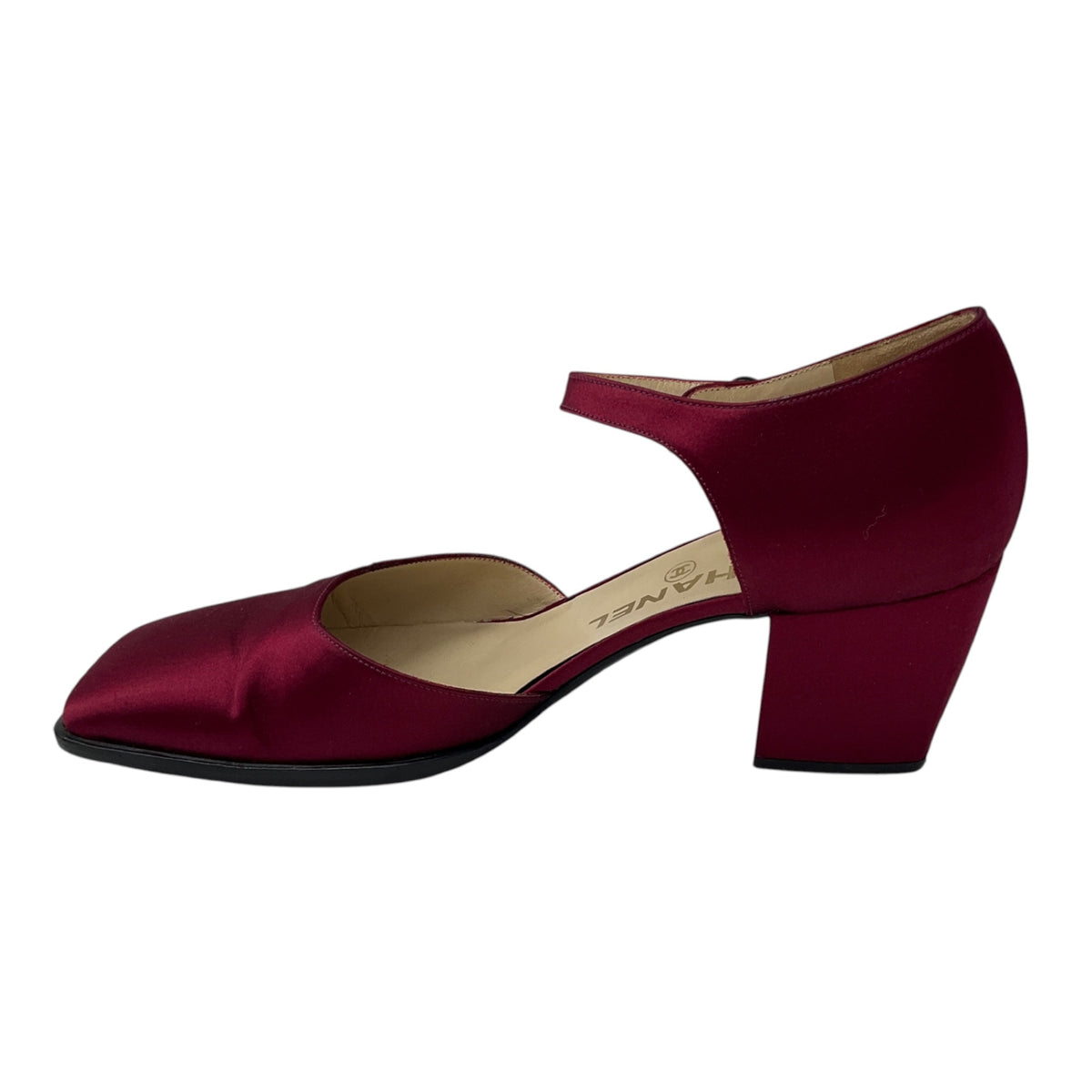 Chanel Burgundy Square Toe Satin Low Heel Pumps with CC Logo Ankle Strap
